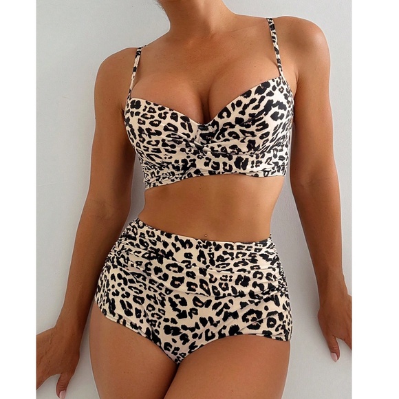 Leopard Print Ruched High Waisted Push up Bikini Set - Picture 1 of 2